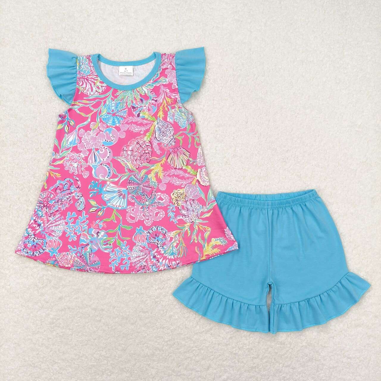 GSSO1086 Seagrass shell blue fly sleeve rose top blue cotton shorts suit girls clothing sets