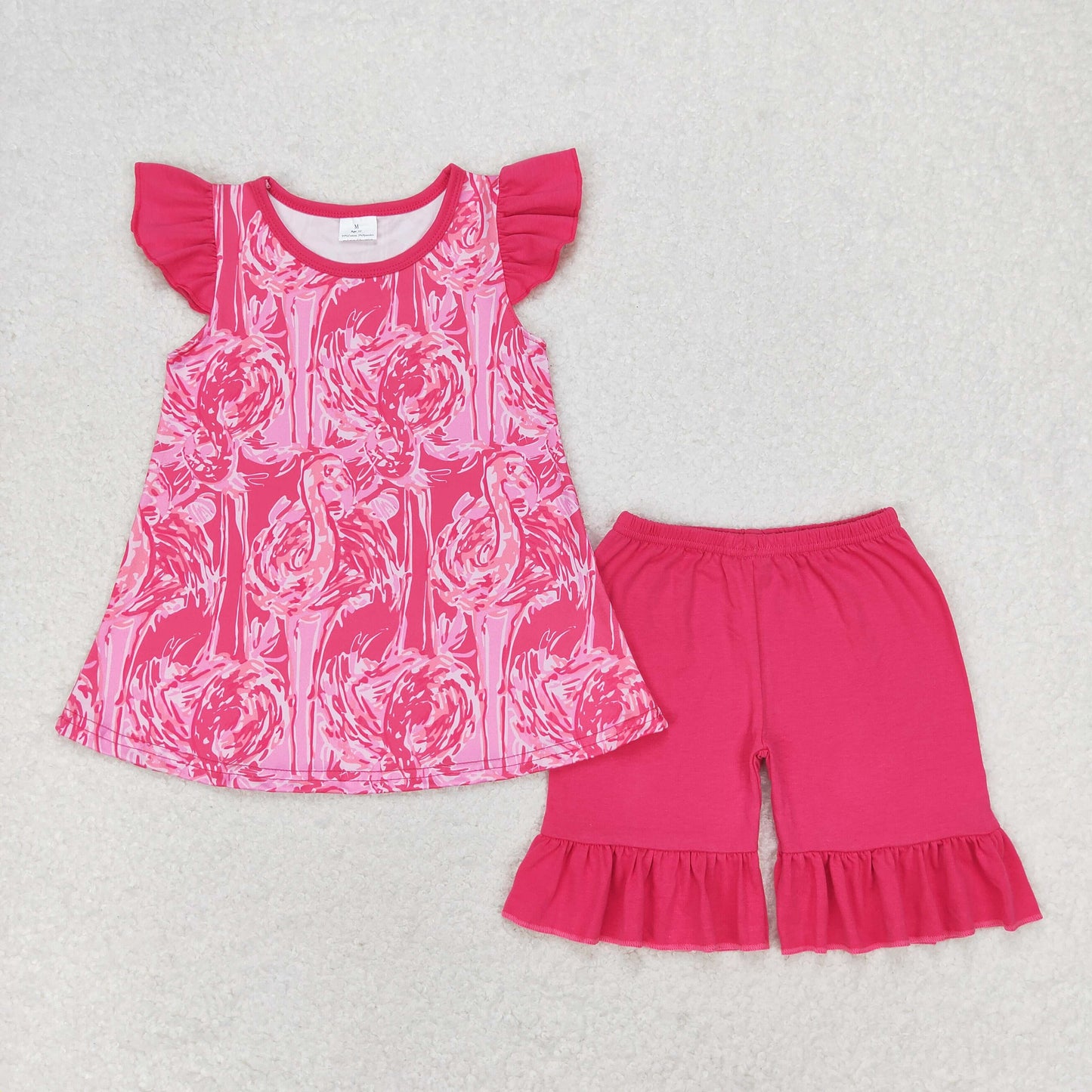 GSSO1087 Flamingo rose red flying sleeve shorts suit clothing set girl princess