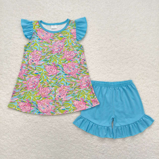 GSSO1095 Turtle seaweed blue flying sleeve top Blue cotton shorts set High quality clothing sets for girls