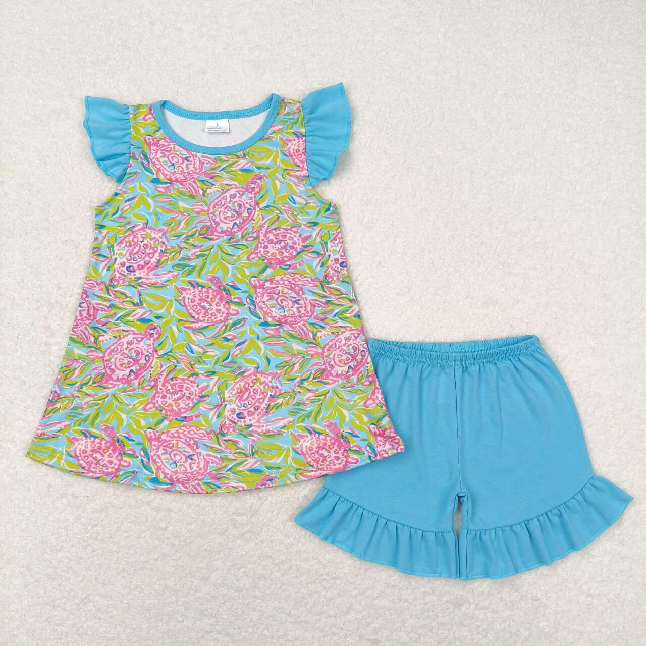 GSSO1095 Turtle seaweed blue flying sleeve top blue cotton shorts suit baby girl clothing set