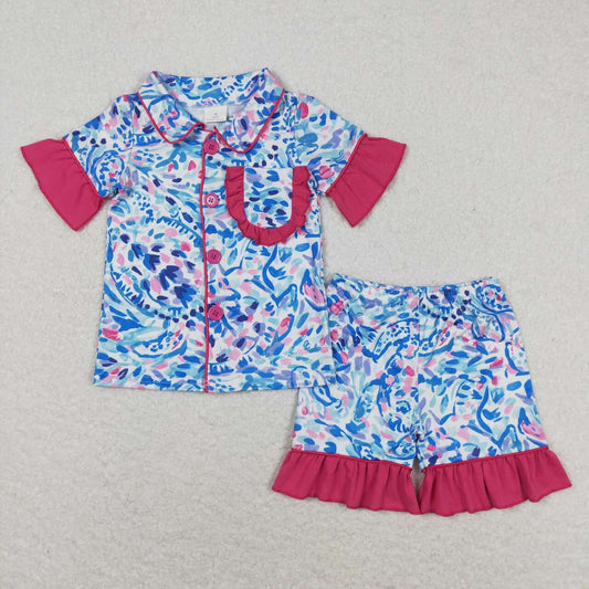 GSSO1096 Turtle deep sea pattern rose red lace short sleeve shorts pajamas set high quality girls clothing sets