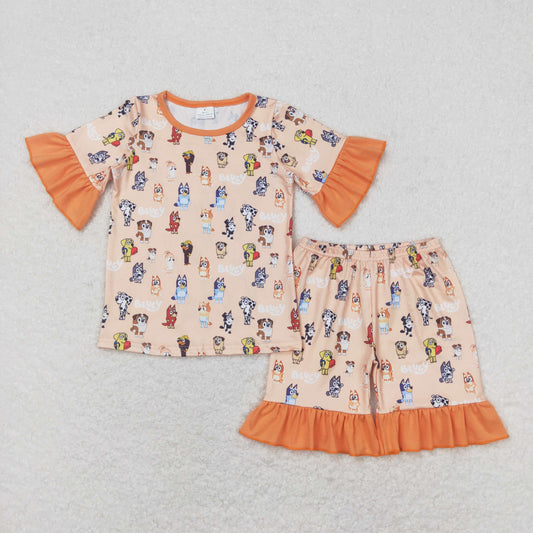 GSSO1104 Cartoon Bluey Orange Ruffle Short Sleeve Shorts Girls Set RTS 202508