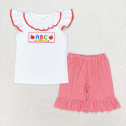 GSSO1115 Embroidered ABC Apple Pencil White fly sleeve red plaid shorts set teens clothing sets for girls
