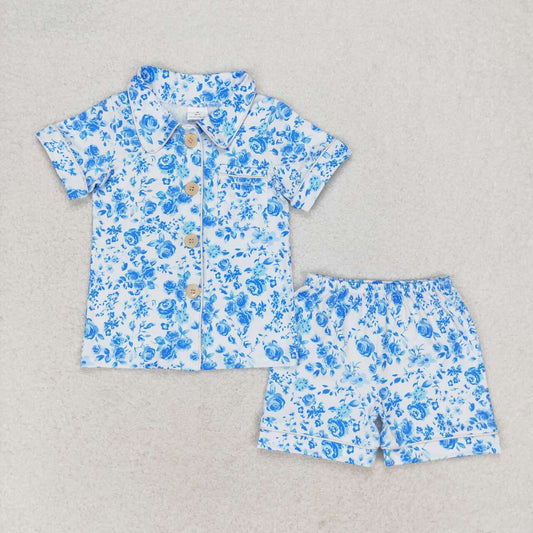 GSSO1120 Blue White Floral Button Short sleeve top shorts pajamas Girls boutique summer outfit 202501