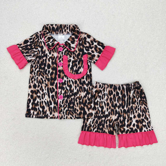 GSSO1121 Leopard print rose red lace short sleeve shorts pajamas set high quality girls clothing sets summer 2024