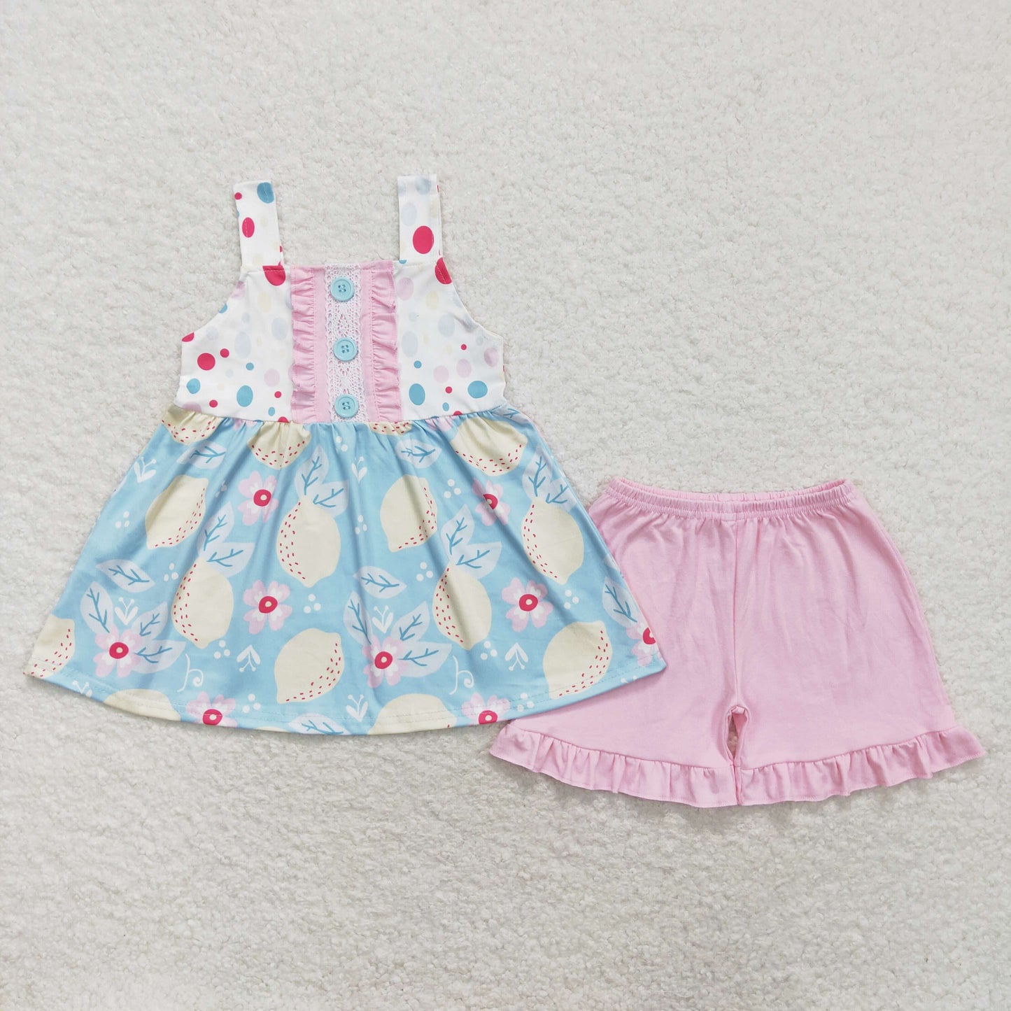 GSSO1133 Lemon Blossom Sleeveless Pink Shorts Girls Set RTS 202509