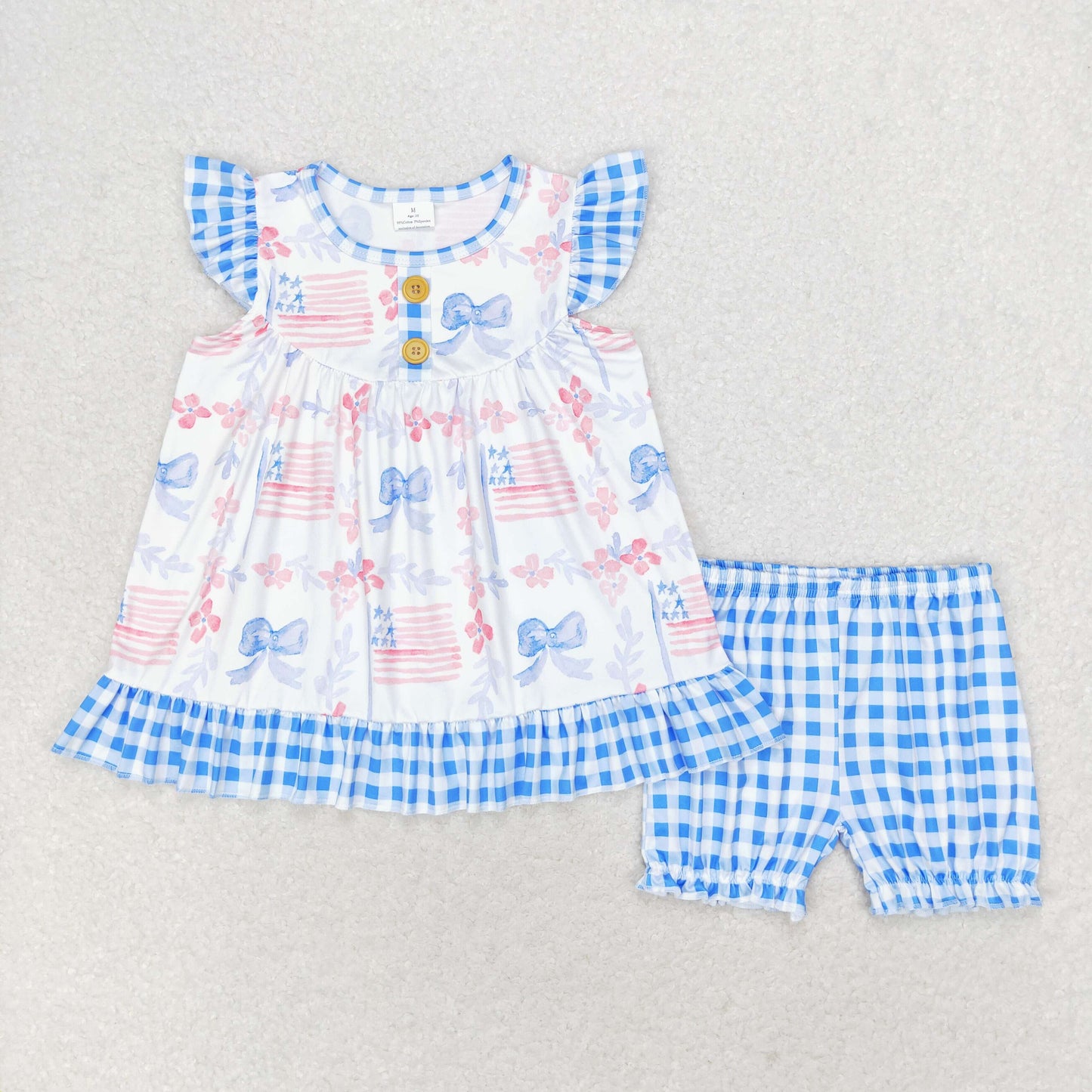 GSSO1139 Floral blue bow flag plaid flying sleeve shorts suit baby girl's clothing set