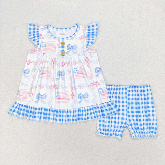GSSO1139 Floral blue bow flag plaid flying sleeve shorts suit baby girl's clothing set