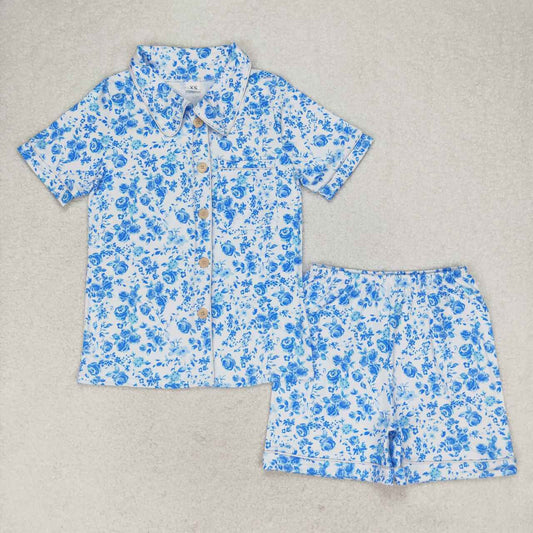 GSSO1148 Adult women's Blue Flower button short sleeve pants pajamas set with pocket Girl summer boutique outfit RTS 202501