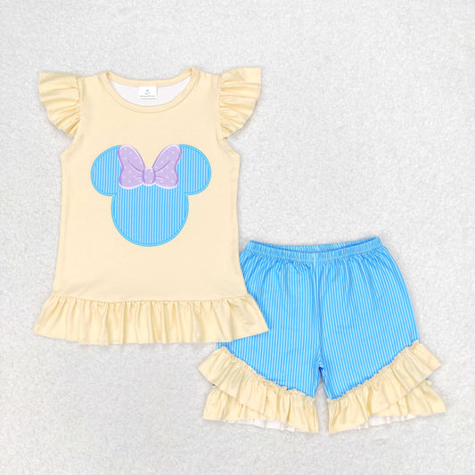 GSSO1159 Bow Minnie Mickey yellow flying sleeve blue striped shorts suit