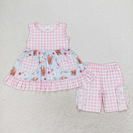 GSSO1161 Alpine bull head flower pink-white checkered pocket light blue sleeveless shorts set cute girls clothing sets