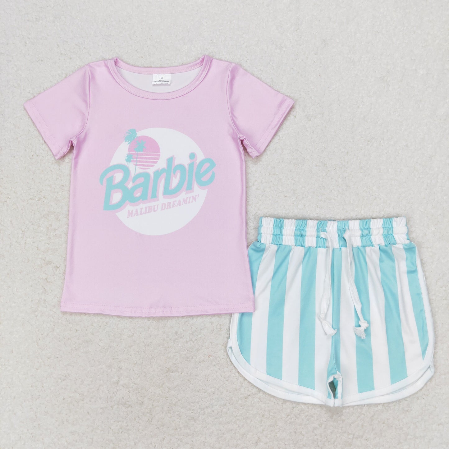 GSSO1168 Barbie pink short-sleeved striped shorts suit