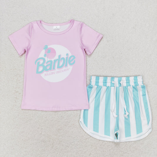 GSSO1168 Barbie pink short-sleeved striped shorts suit