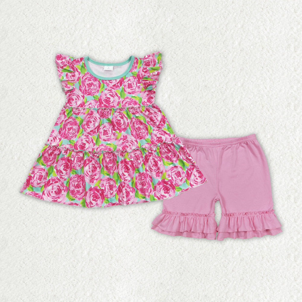 GSSO1171 Floral Flying Sleeve Pink Ruffle Shorts Girls Sets RTS 202508