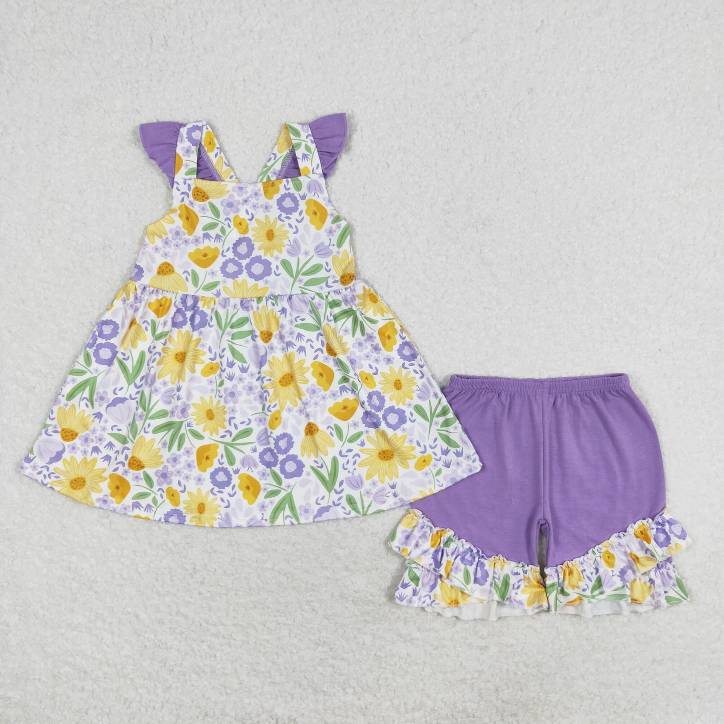 GSSO1177 Pink purple flower flying sleeve shorts set high quality baby girl clothing sets summer