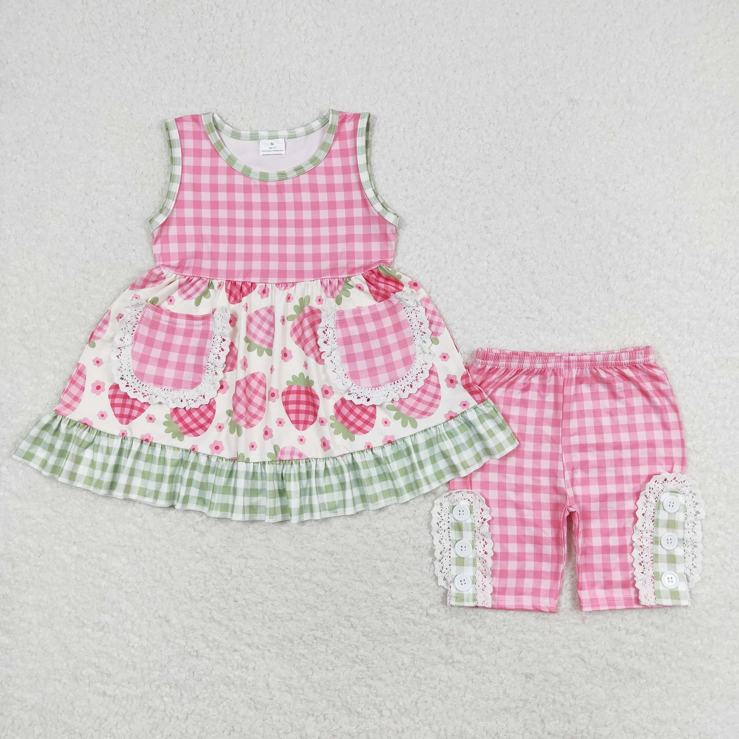 GSSO1183 Hot Pink Pea Green Plaid Strawberry Ruffled Pocket sleeveless top shorts Girls clothing sets summer outfit RTS 202501