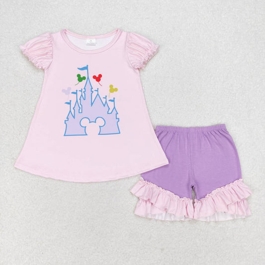 GSSO1185 Mickey's Castle pink short sleeve purple shorts suit