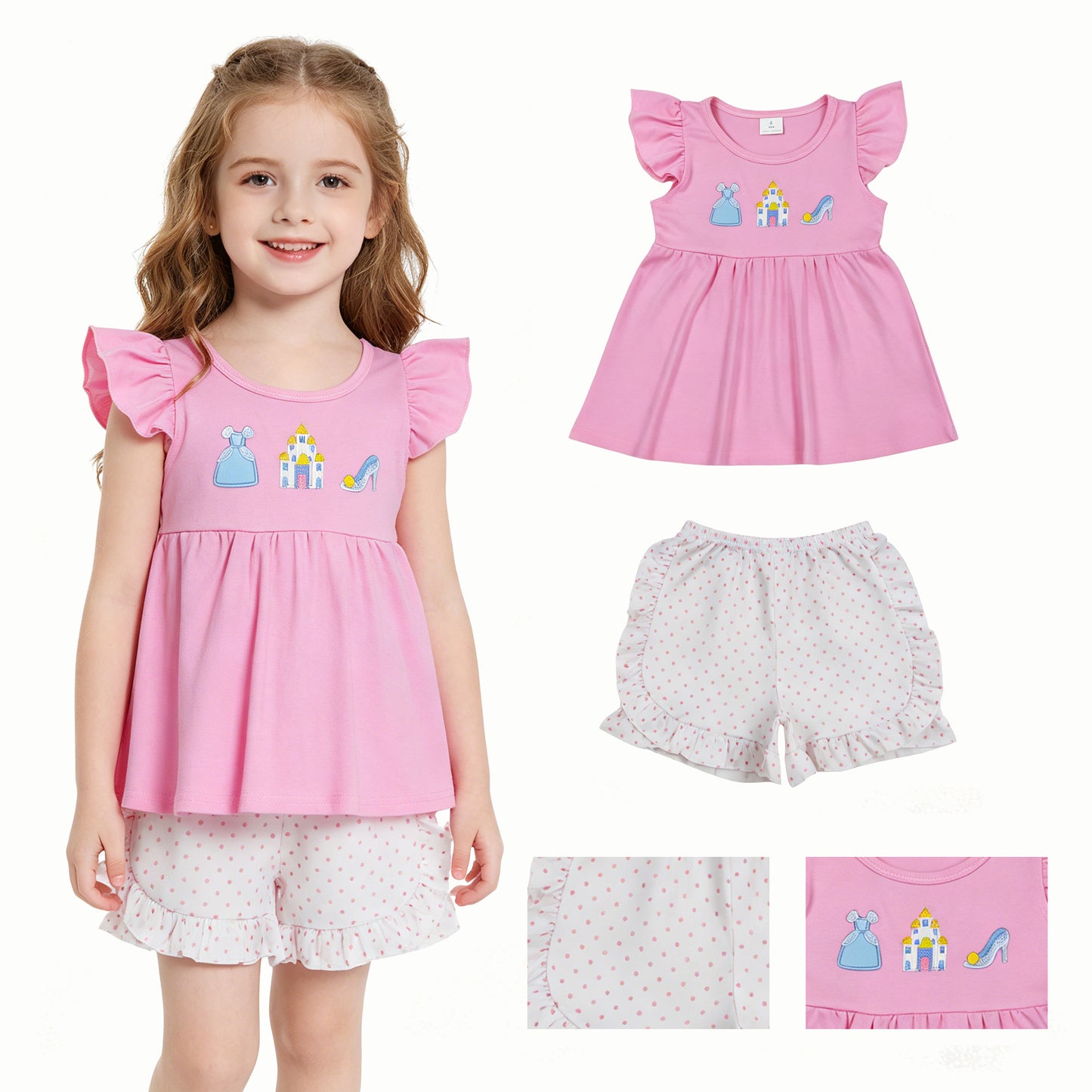 GSSO1186 Embroidered Princess Castle High Heels Pink Fly Sleeve Ruffle Shorts Girls Sets 202604 RTS