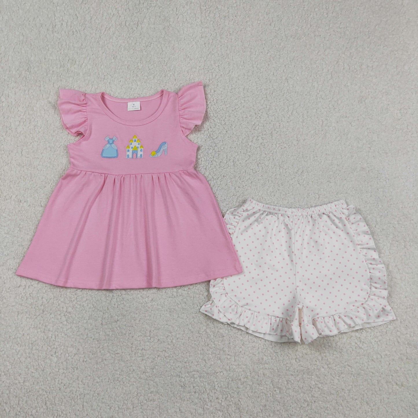 GSSO1186 Embroidered Princess Castle High Heels Pink Fly Sleeve Ruffle Shorts Girls Sets 202604 RTS