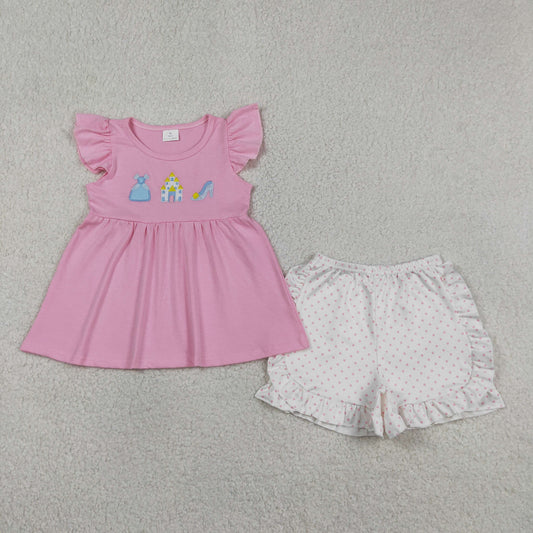 GSSO1186 Embroidered Princess Castle High Heels Pink Fly Sleeve Ruffle Shorts Girls Sets 202604 RTS