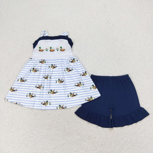 GSSO1189 Embroidered three duck stripes navy blue lace sleeveless shorts set clothing sets for boy and girl 5 -8