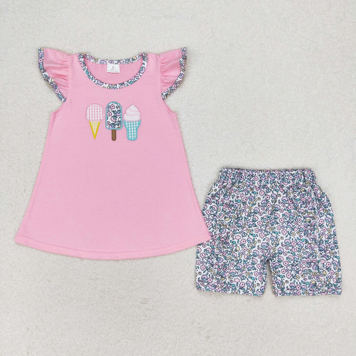 GSSO1193 Embroidered ice cream Flower ice cream Pink flying sleeve shorts set girls two piece sets clothing