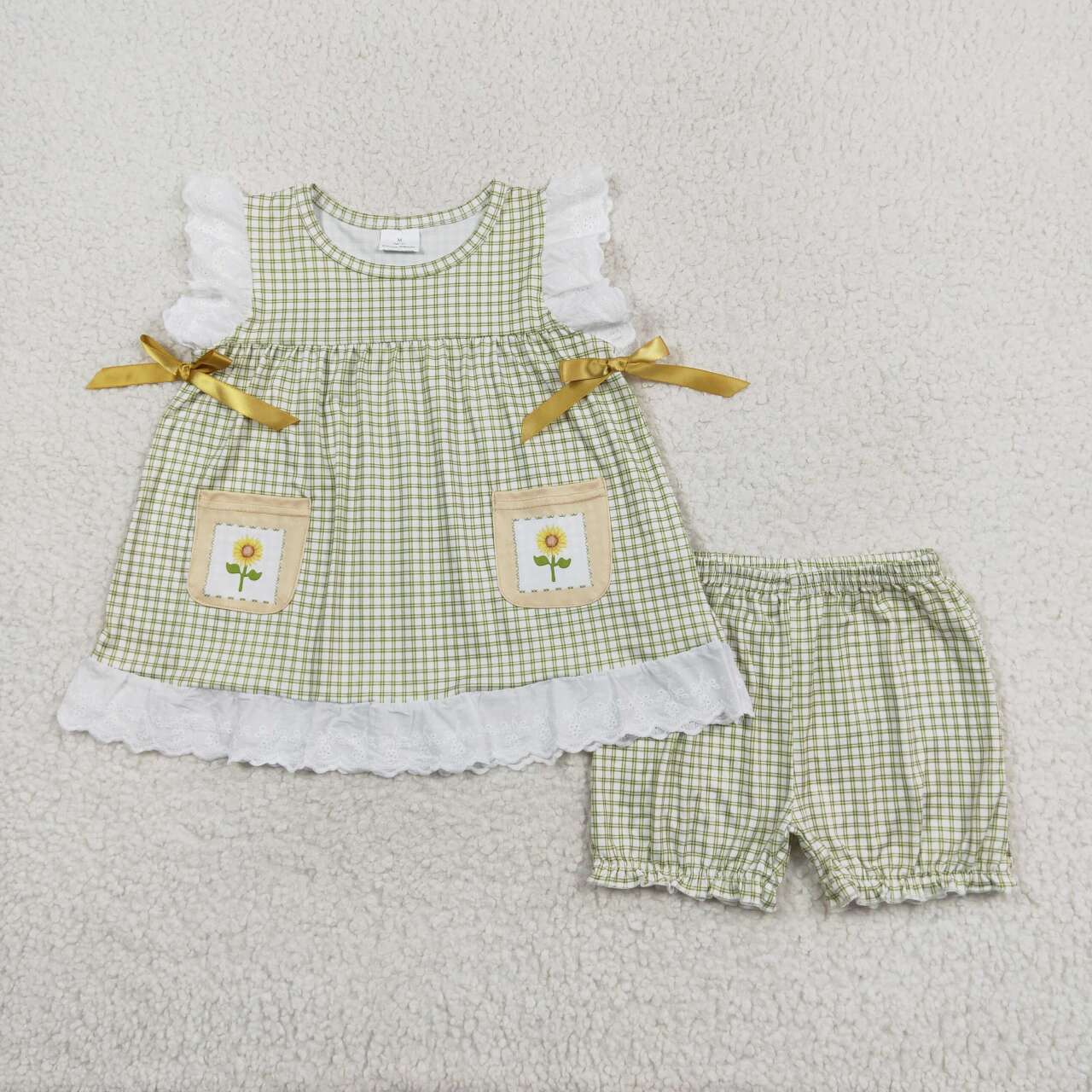 GSSO1196 Sunflower flower pocket Lace lace plaid sleeveless shorts set High quality two pieces children girls clothing set