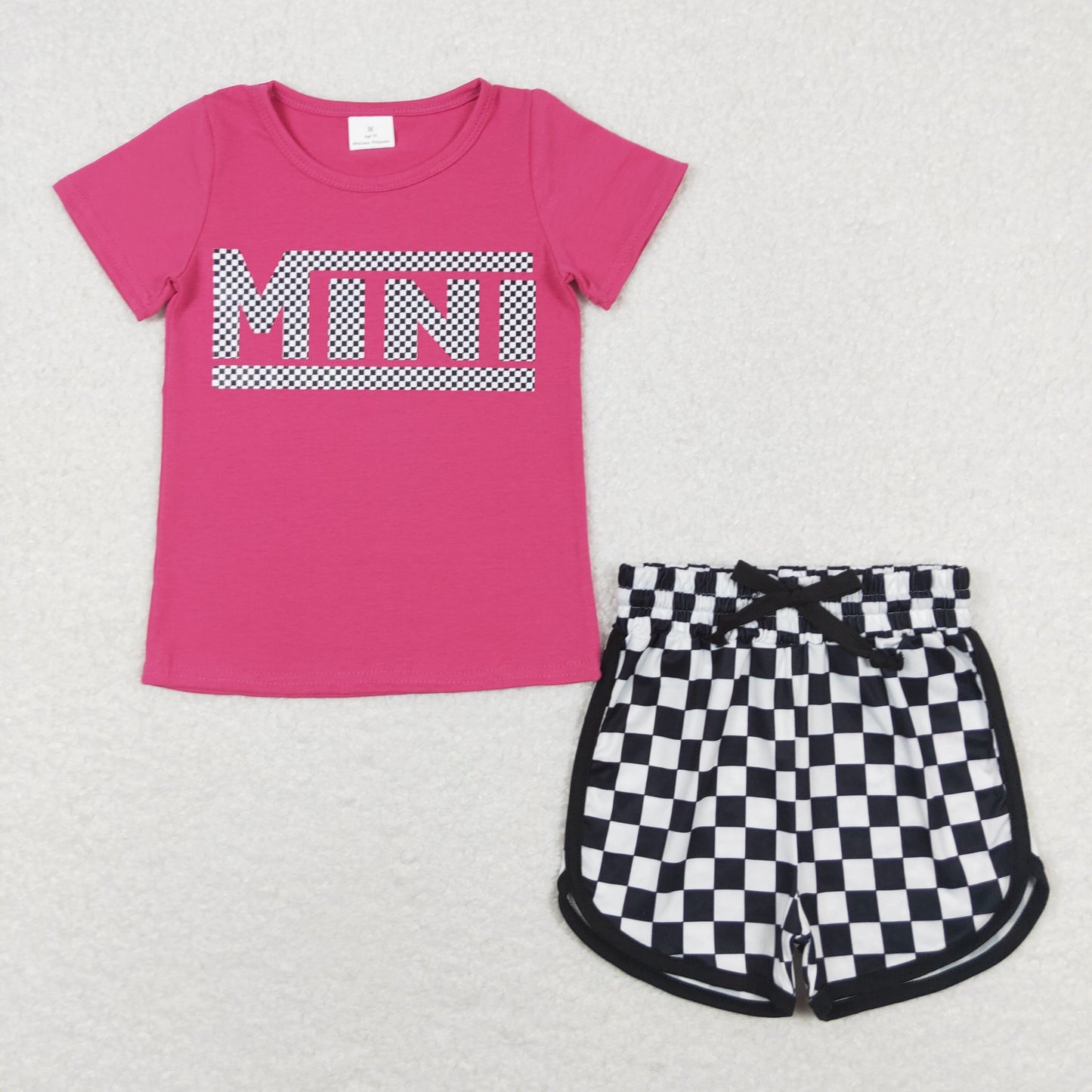 GSSO1215 Offset mini rose red short-sleeved top black and white plaid lace-up shorts set kids girl clothing sets