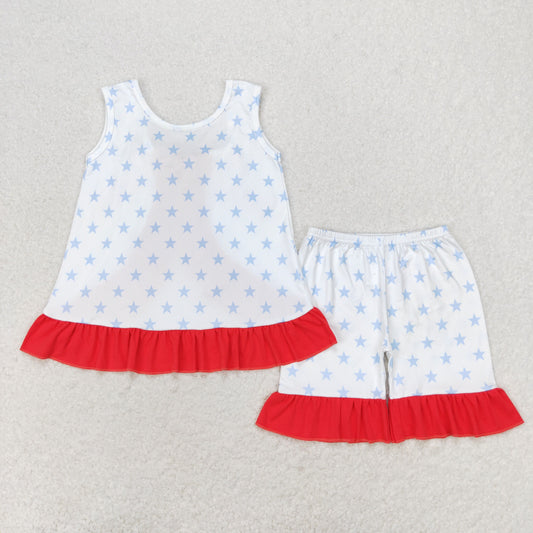 GSSO1217 Star red lace bow white sleeveless shorts suit 2pcs girls clothing sets
