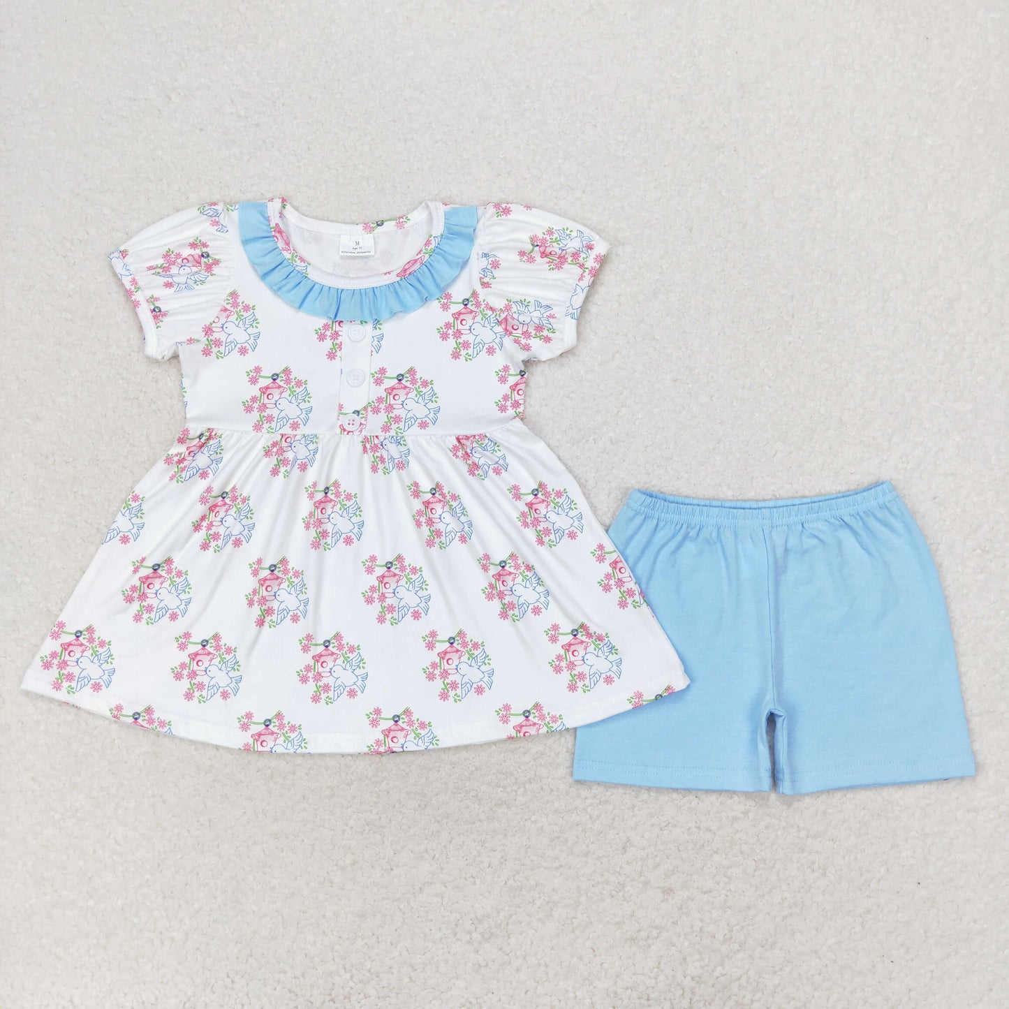 GSSO1225 Flower Bird's Nest blue lace white short sleeve shorts set kids summer clothing set girls