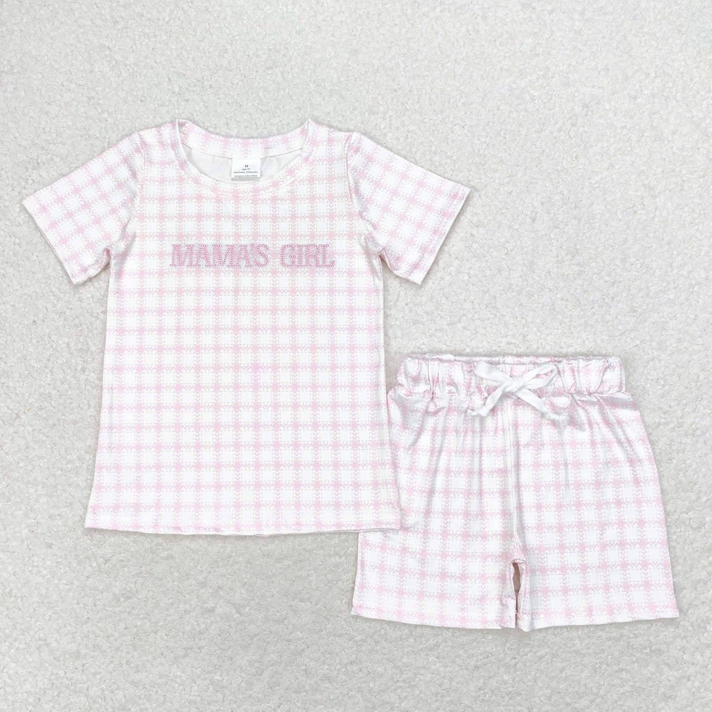 GSSO1236 mama's girl Embroidery checkered pink-and-white short-sleeved shorts outfit baby girl clothing sets 3-6 months