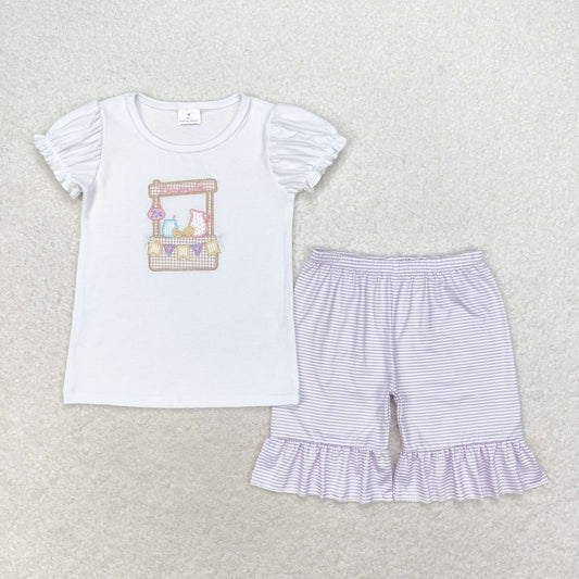 GSSO1240 NO MOQ Embroidered lemonade stand Flag white short sleeve purple striped shorts set clothing sets for girl 5 -8