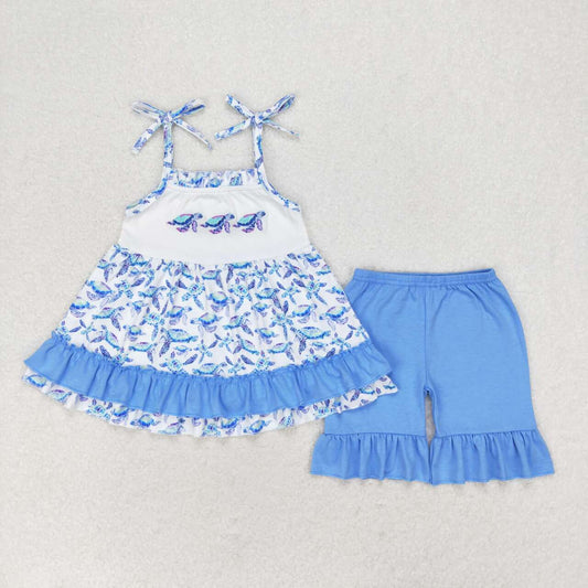 GSSO1241 Embroidered turtle blue lace white halter shorts set baby girls clothes sets newborn clothing