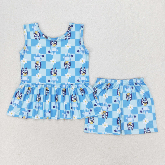 GSSO1248 bluey floral blue plaid sleeveless shorts suit