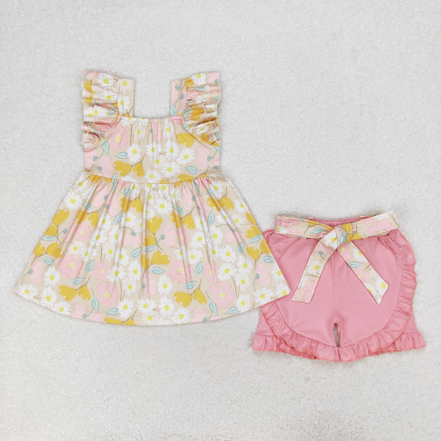GSSO1254 Flowers brown yellow flying sleeve pink lace shorts set High quality infant girl clothing sets
