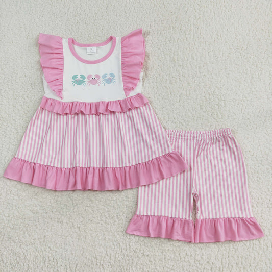 GSSO1258 Crab pink lace striped flying sleeve shorts set children's clothing for girls 2024 set