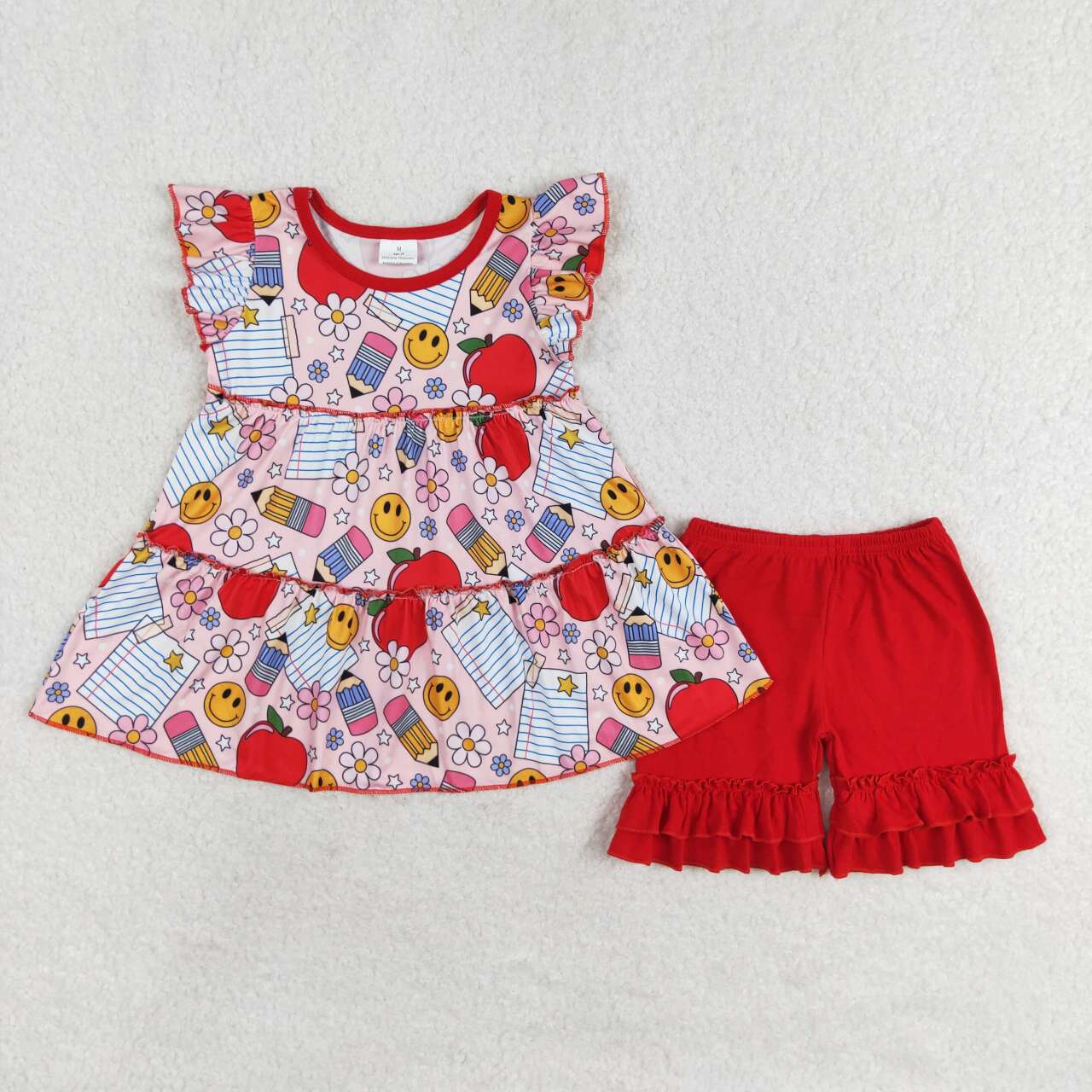 GSSO1268 RTS Smiley Face Flower Pencil Apple Flying sleeve Red lace shorts set