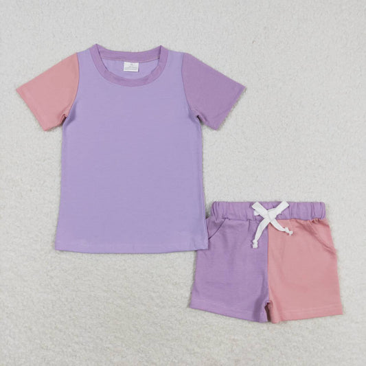 GSSO1270 Pink-purple spliced short sleeve shorts suit girl summer clothing set