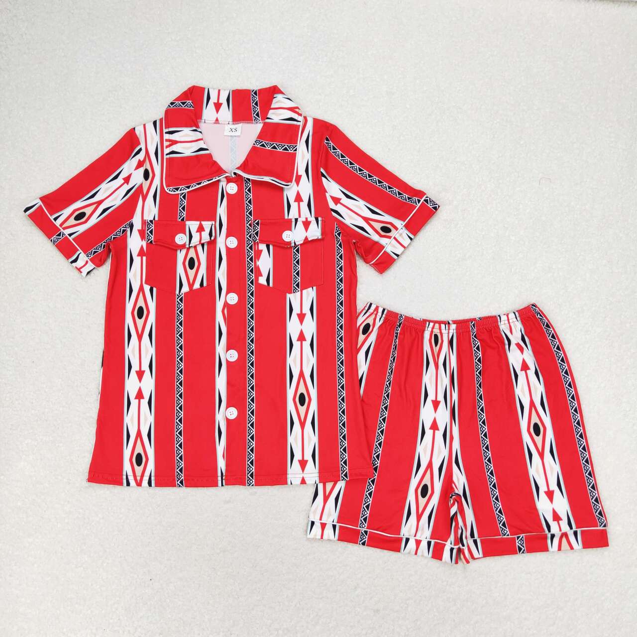 GSSO1283 Geometric red short sleeve shorts pajama set for adult women girl clothing set