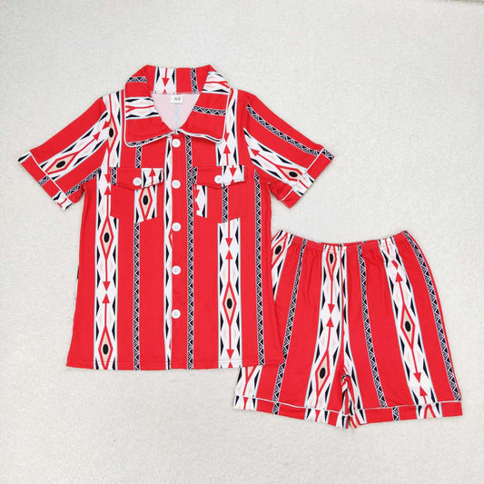 GSSO1283 Geometric red short sleeve shorts pajama set for adult women girl clothing set