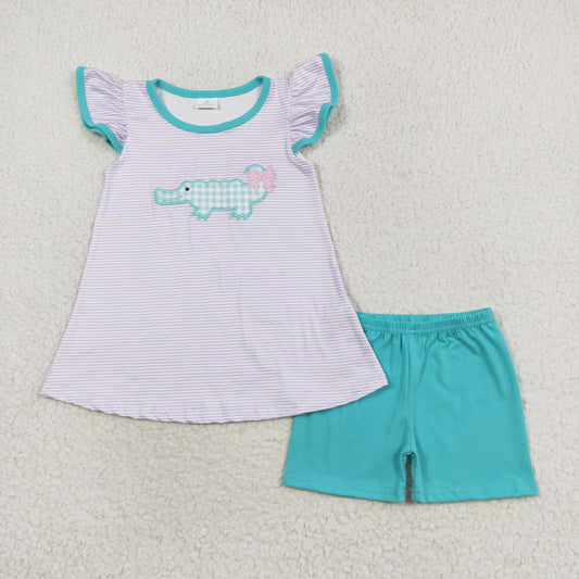 GSSO1286 Embroidered bow purple striped flying sleeve shorts set girls boutique clothing sets