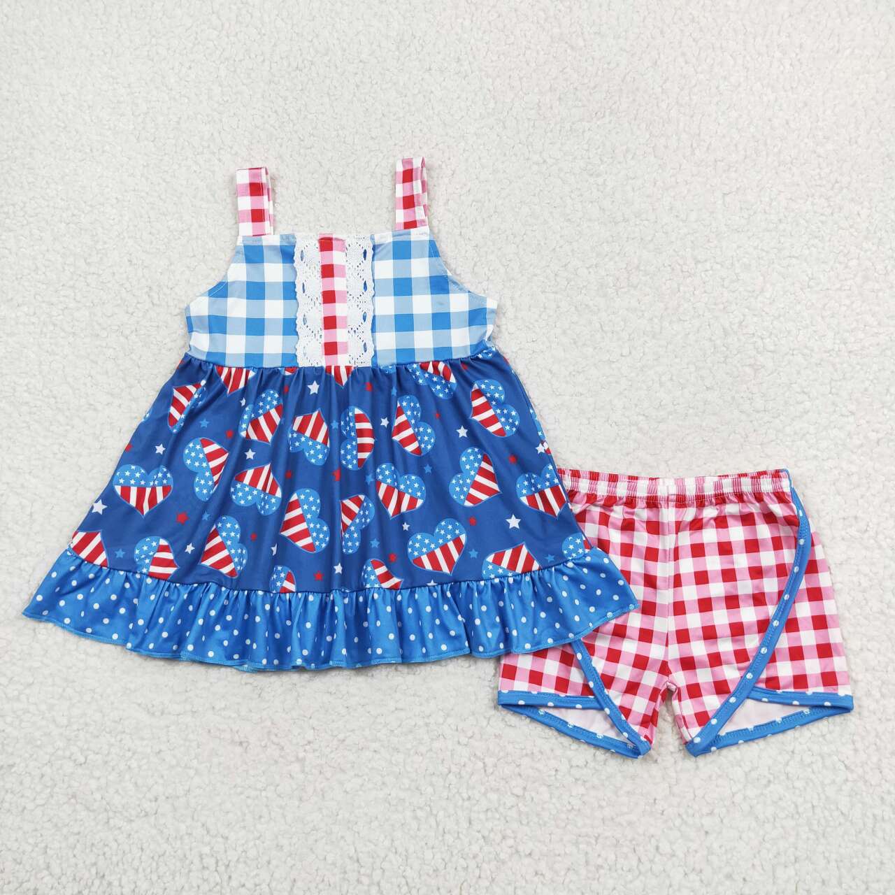 GSSO1294 National Day love polka dot lace check sleeveless shorts set high quality girls clothing sets 12 years