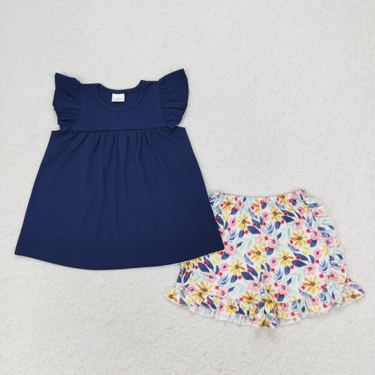 GSSO1296 Solid color dark blue flying sleeve floral shorts set little girls clothing sets