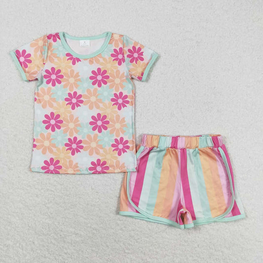 GSSO1297 Floral short-sleeved colorful striped shorts suit girls clothing sets 14 years