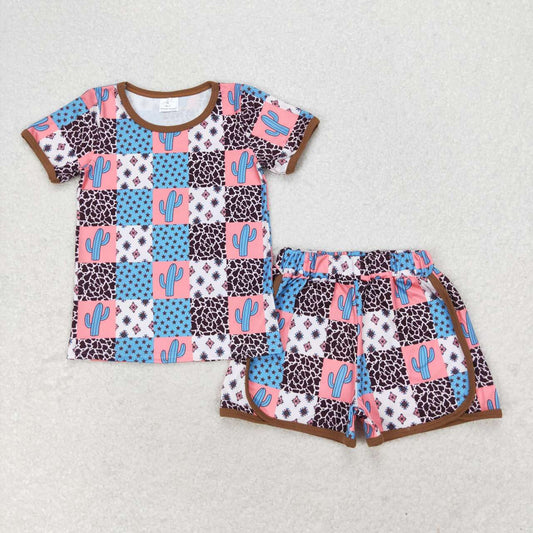 GSSO1299 Cactus star Geometry plaid short-sleeved shorts set girl baby clothing sets