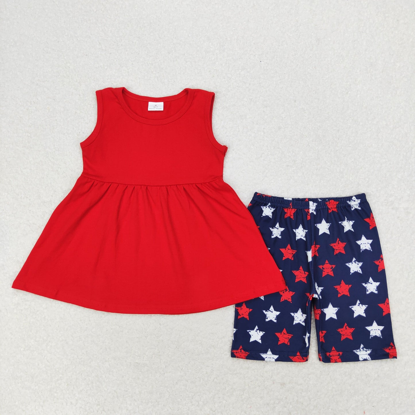 GSSO1302 Solid color red sleeveless star navy blue shorts set little girls summer clothing sets