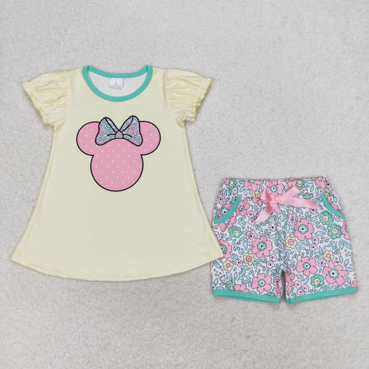 GSSO1308 Bow Mickey yellow short sleeve floral shorts suit