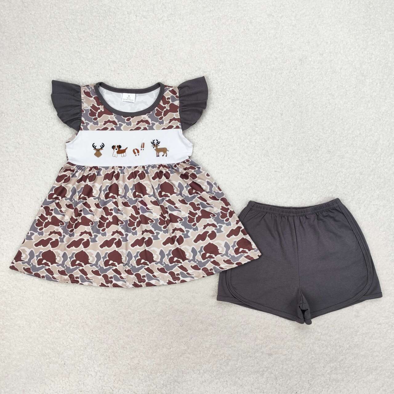 GSSO1358 Embroidered Moose puppy camouflage charcoal gray flying sleeve shorts set girls clothing sets big