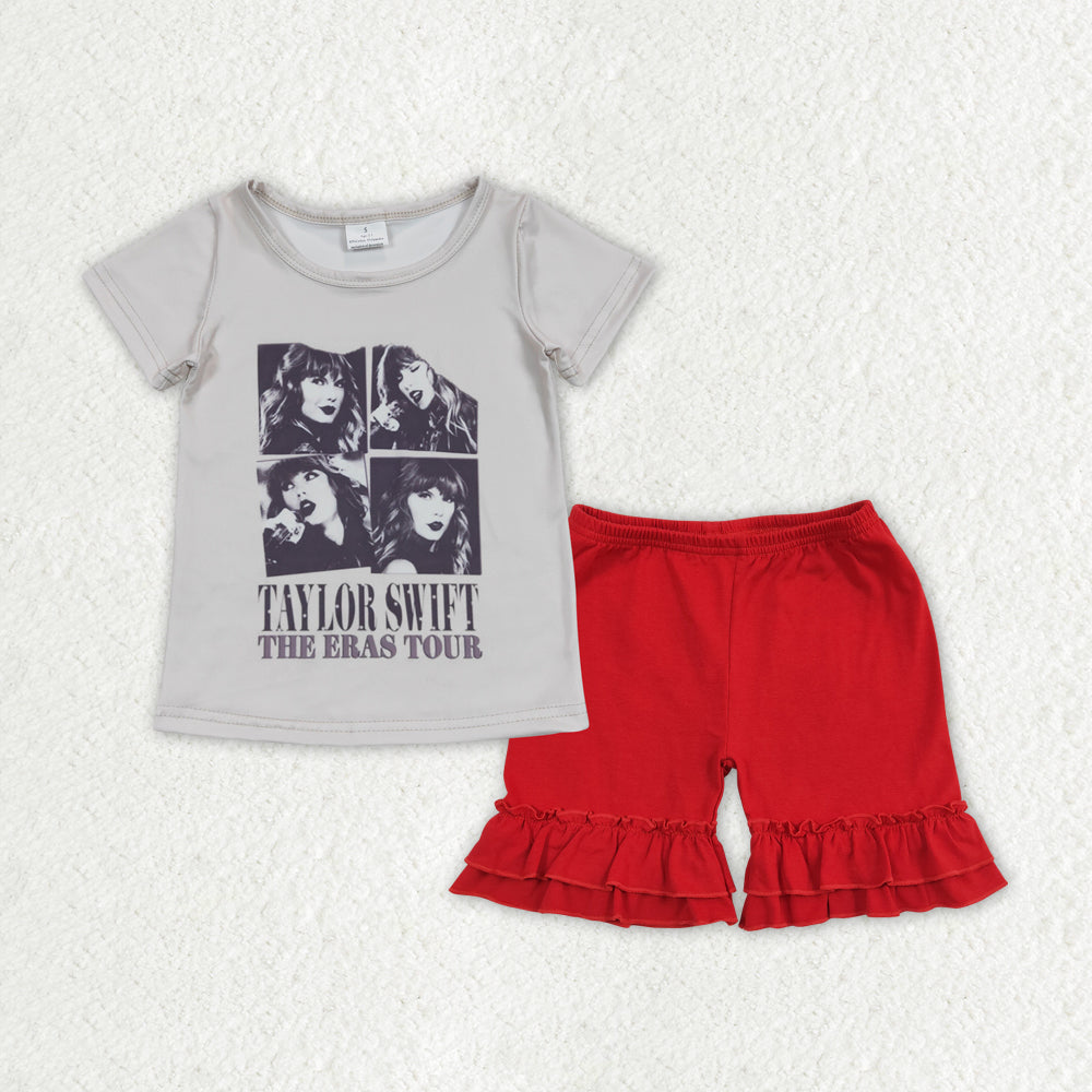 GSSO1376 Taylor Swift Beige Short-Sleeved Red Ruffle Shorts Girls Sets RTS 202508