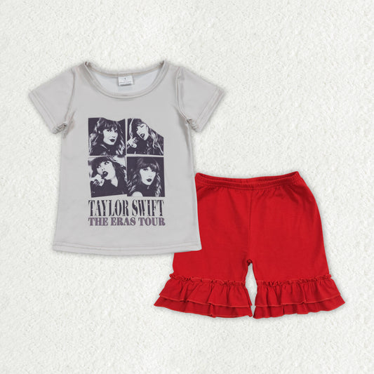 GSSO1376 Taylor Swift Beige Short-Sleeved Red Ruffle Shorts Girls Sets RTS 202508